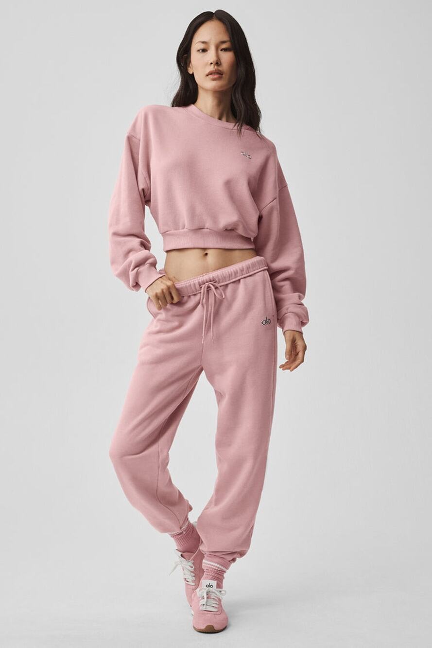 Alo Yoga Accolade Vintage Pink 2 Piece Sweatpants Crew Sweatshirt Set S